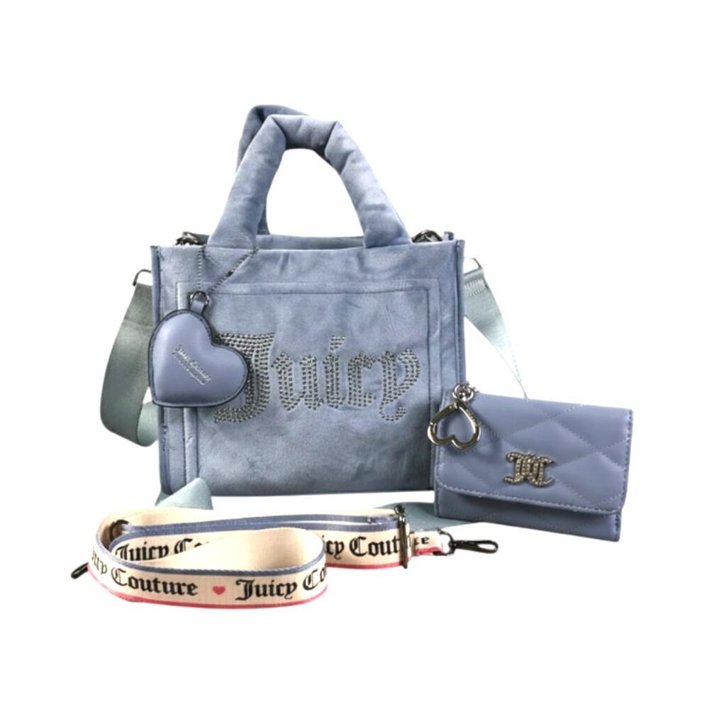 JUICY COUTURE Spender Rhinestoned Logo Velour Mini Tote And Wallet Blue NWOT